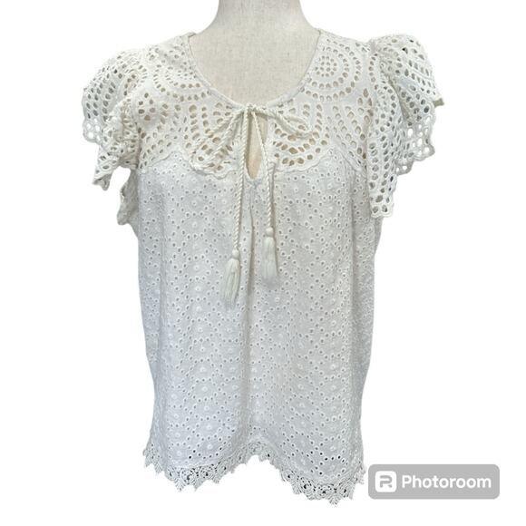 Jennifer & Grace Ivory Cotton Eyelet Ruffled Top Size M - Picture 1 of 8